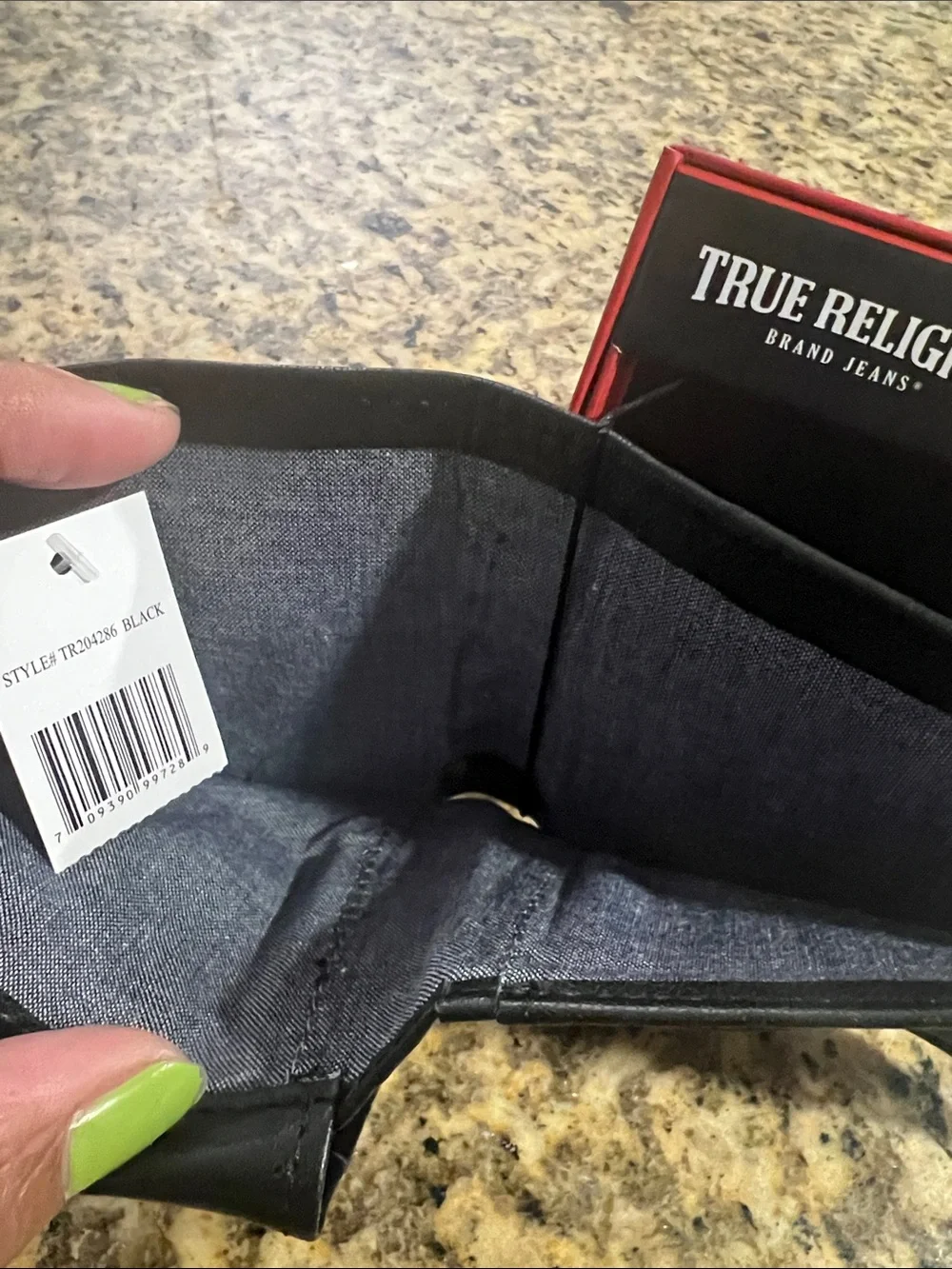 #2580**True Religion Black Leather Bifold Wallet with Red Stitching